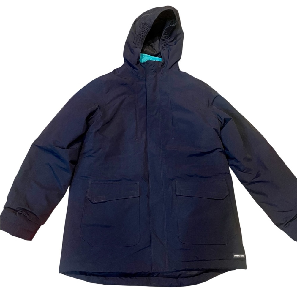 Lands End Navy Squall Parka Hooded with teal zip out puffy liner Large Husky - Picture 1 of 5